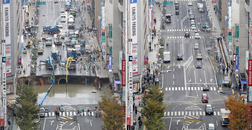Via em Fukuoka já estava em plenas condições de funcionamento uma semana depois do aparecimento de uma enorme cratera. Na imagem da esquerda, o buraco há uma semana. Na da direita, como ficou nesta terça-feira (15) (Foto: Jiji Press/AFP)